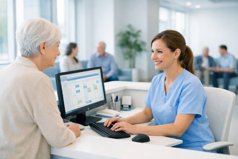 Hospital receptionist assisting a patient