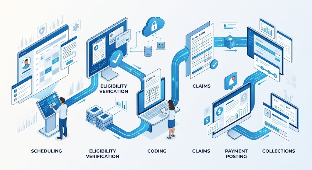Revenue cycle management workflow for medical practices