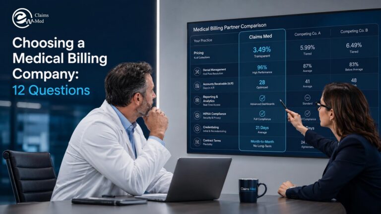 Physician practice owner and administrator comparing medical billing companies across pricing, denial management, A/R, reporting, HIPAA, credentialing, and contract terms.