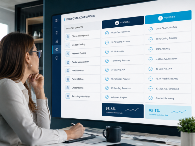 Medical practice administrator comparing two medical billing vendors across claims management, coding, payment posting, denial management, A/R follow-up, patient billing, credentialing, and reporting.