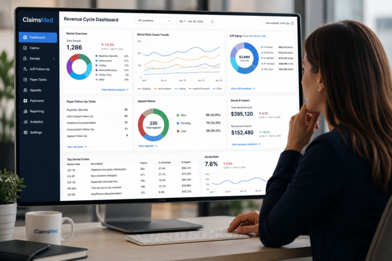 Medical billing manager reviewing a revenue cycle dashboard with denial categories, A/R aging, payer follow-up tasks, appeal status, recovery amounts, and denial trend analytics.