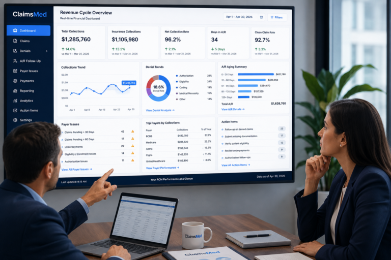 Practice owner and administrator reviewing a real-time revenue cycle dashboard with collections, denial trends, payer issues, aging A/R, and follow-up action items.