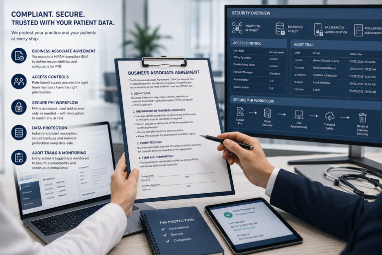 Healthcare professionals reviewing a Business Associate Agreement alongside a cybersecurity dashboard showing access controls, encrypted PHI workflows, audit trails, and secure data handling.