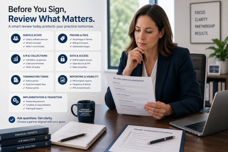 Medical practice administrator reviewing a billing services agreement with checklist items for service scope, pricing, A/R, data access, termination, reporting, and implementation.