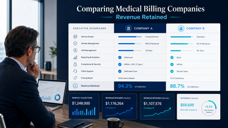 Executive comparing two medical billing companies using a scorecard for service scope, denial management, A/R, reporting, compliance, support, pricing, and revenue retained.