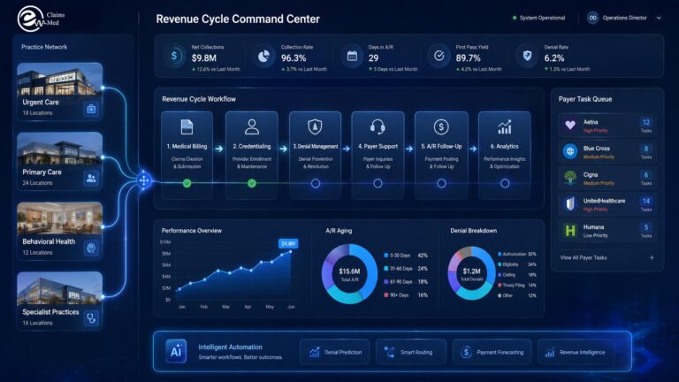 Multi-specialty revenue cycle command center connecting medical billing, provider credentialing, denial management, payer support, A/R follow-up, and analytics across urgent care, primary care, behavioral health, and specialist practices.